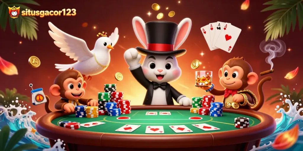 Experience excitement with situsgacor123 as a magician rabbit pulls coins from a top hat at a lively poker scene.