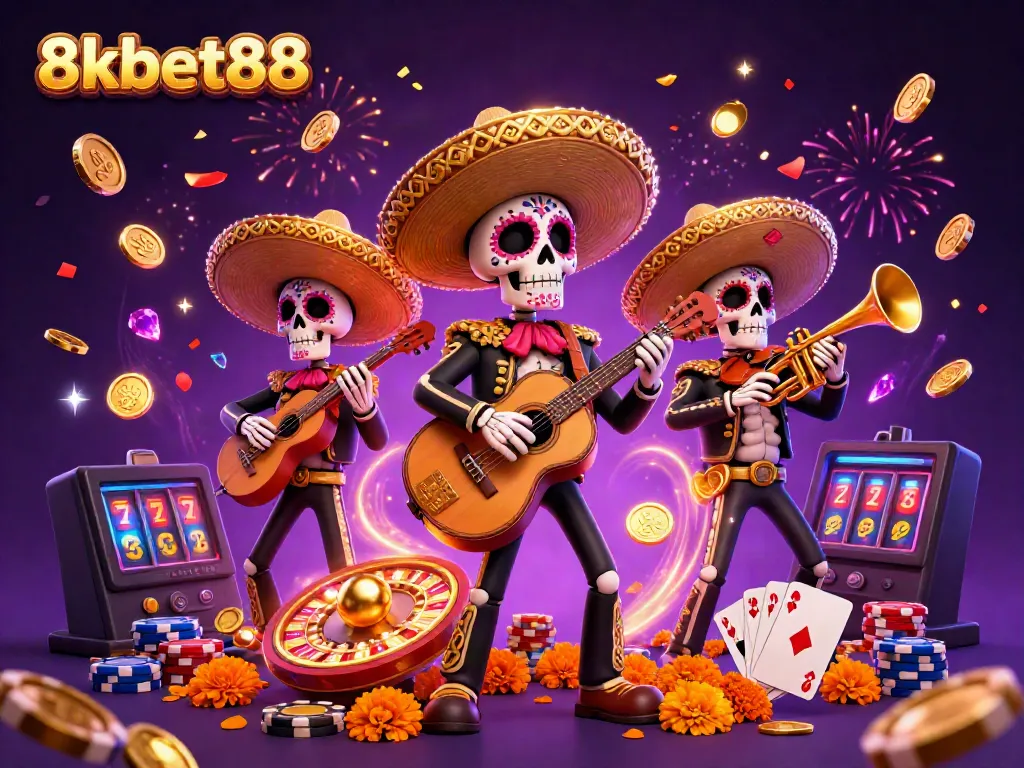 Experience the vibrant energy of 8xbet88 with a Day of the Dead themed mariachi band playing in a casino setting.