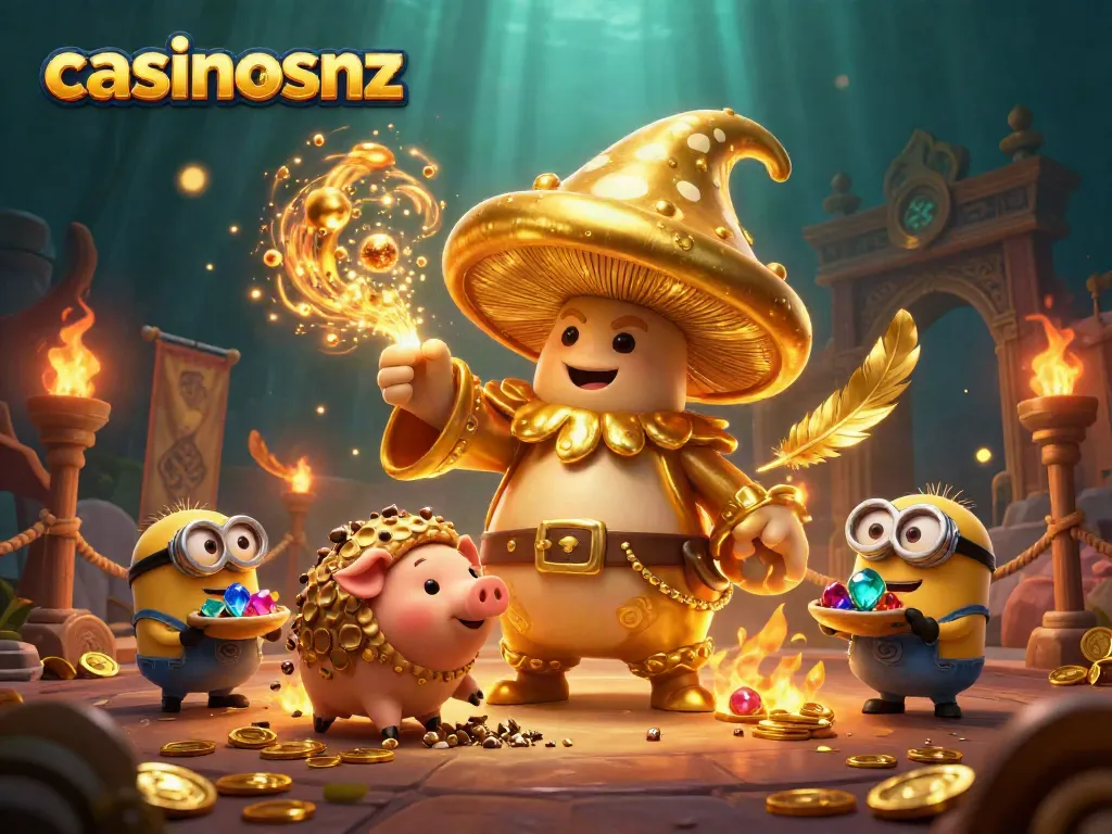 Engage in thrilling adventures with casinosnz as a magical wizard conjures gold amidst vibrant casino elements.