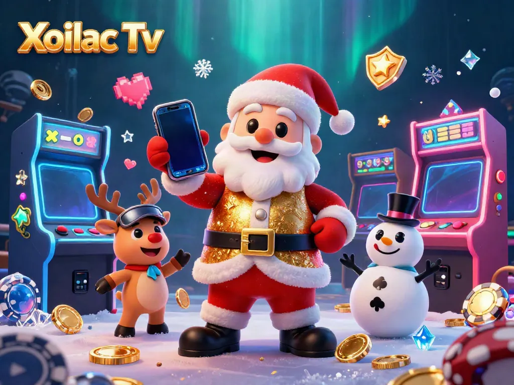 Win with Xoilac Tv as Santa and friends celebrate in a dynamic casino scene.