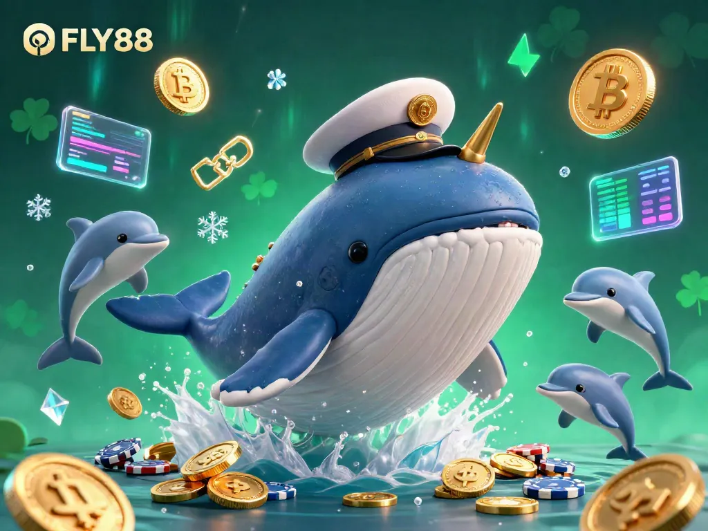 Join the excitement of FLY88 with a vibrant 3D scene of a whale and playful dolphins showcasing online gambling action.