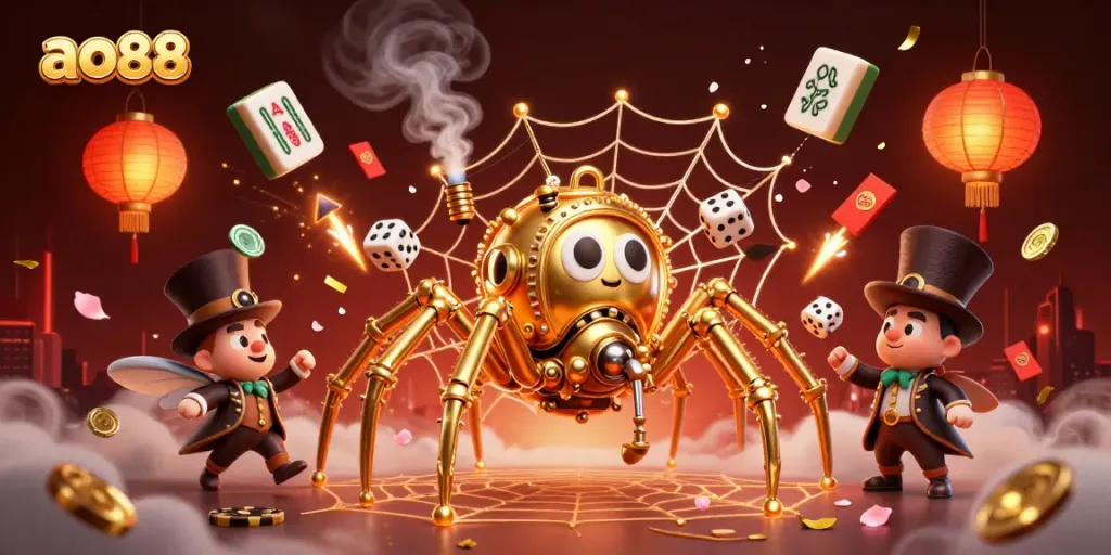 Experience the excitement of ao88 as the golden spider captures luck and fortune in this lively casino scene.