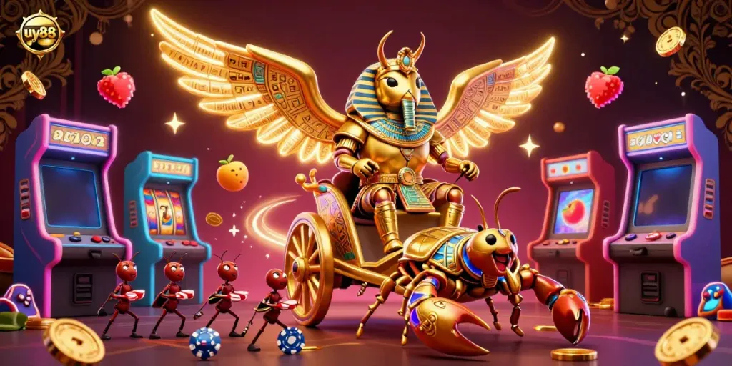 Engage in thrilling casino action with uy88 featuring a golden scarab beetle surrounded by vibrant slot machines.
