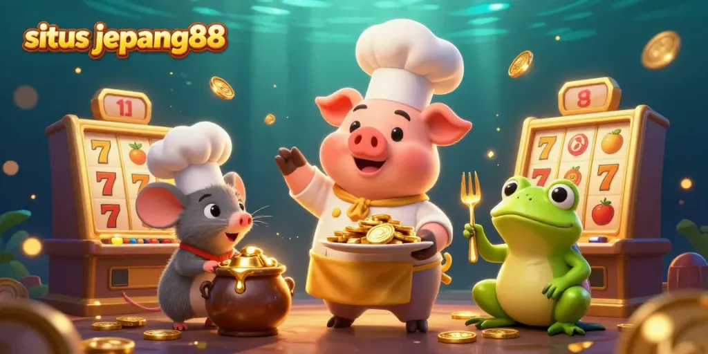 Situs Jepang88 features an engaging scene with a chef pig serving gold coins, attracting gamblers.