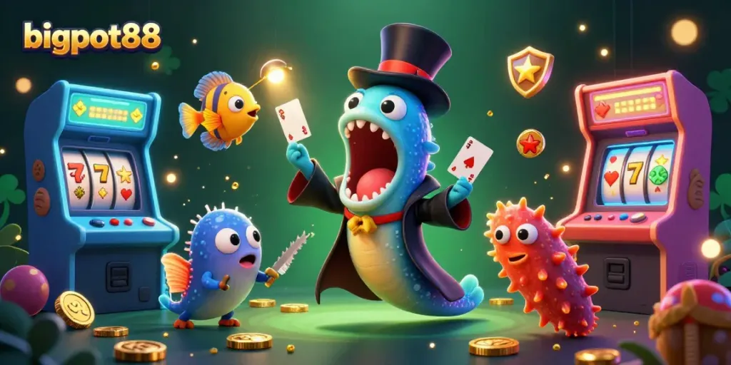 Experience thrilling card tricks with bigpot88 in a lively, underwater casino setting.