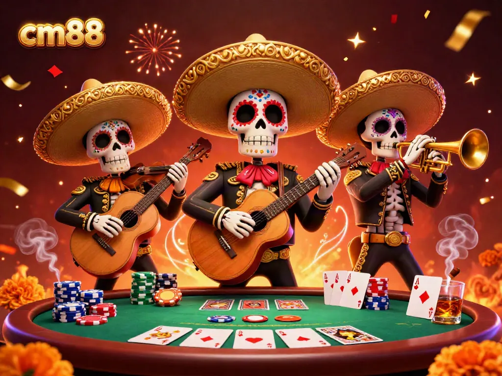 Engage with thrilling cm88 online poker action featuring skeleton mariachi and vibrant casino elements.