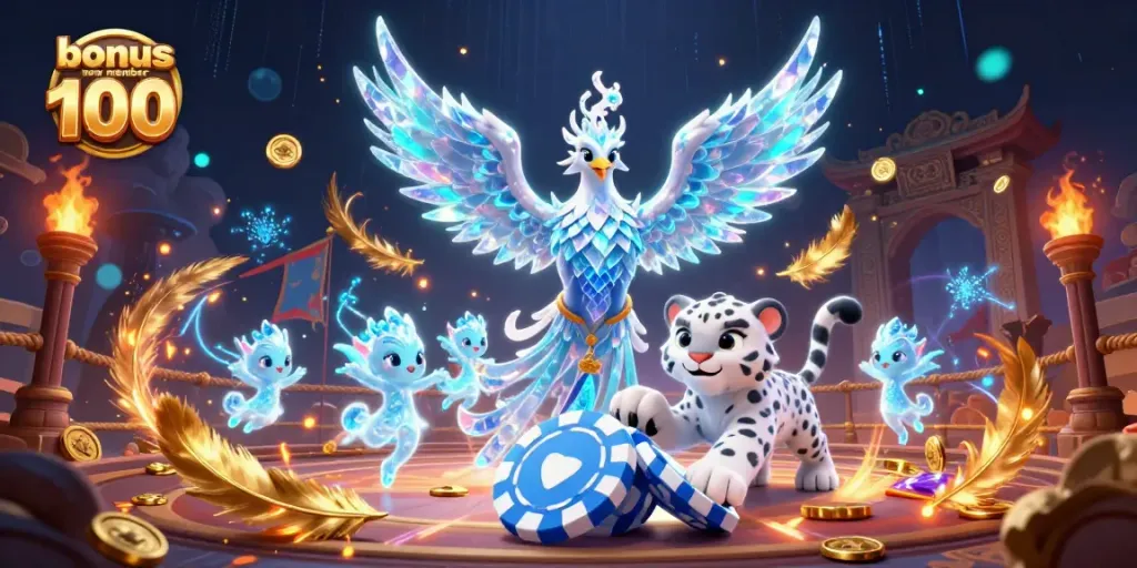 Experience thrilling gameplay with bonus new member 100 in a magical casino setting featuring a phoenix and playful characters.