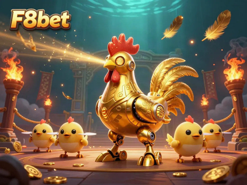 Experience thrilling gambling at F8bet with golden rooster robots and vibrant casino elements.