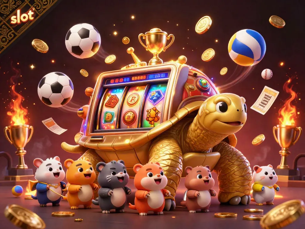 Experience thrilling excitement at the slot machine with a golden tortoise in this vibrant casino scene.