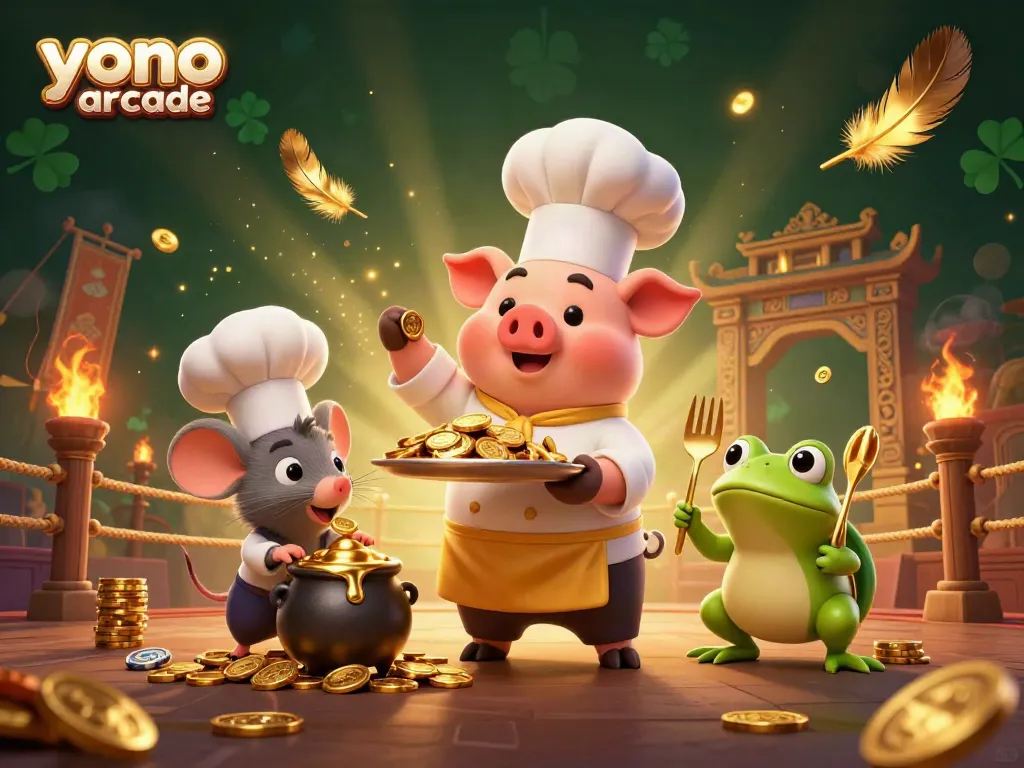 Experience Yono Arcade's vibrant gameplay scene featuring a chef pig, sous-chef mouse, and critic frog with gold coins.