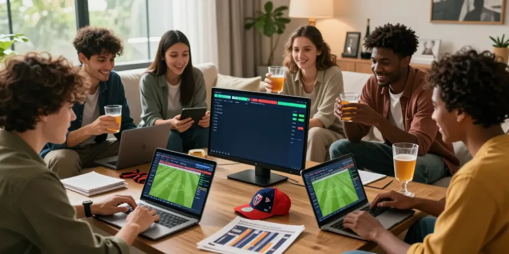 Friends analyzing soccer stats together, enjoying WWBOLA's high odds.