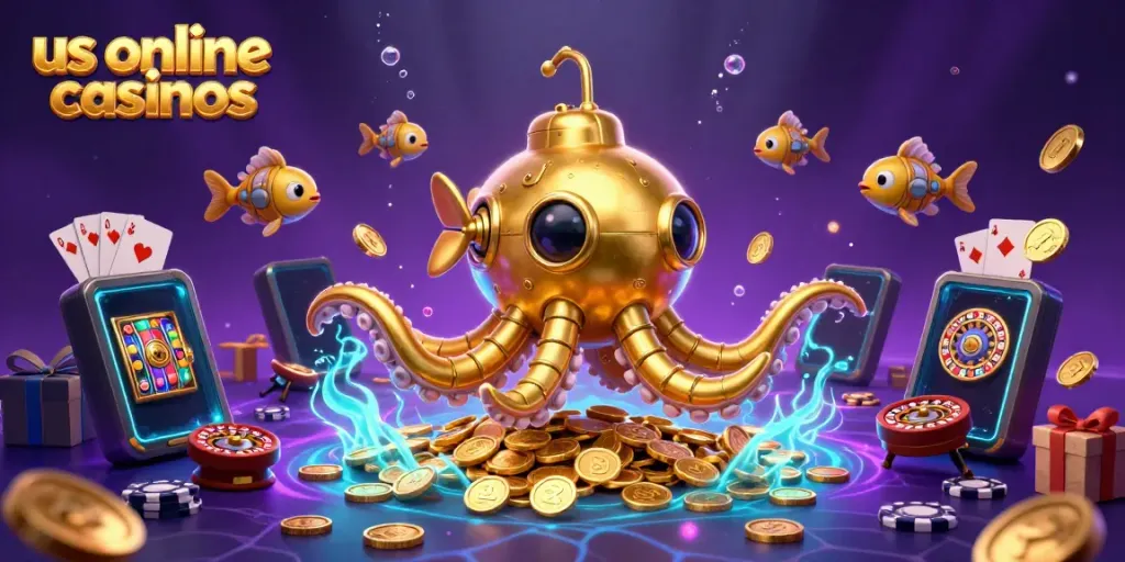 Experience the thrill of us online casinos with a dynamic 3D submarine scene surrounded by golden coins, slot games, and vibrant casino elements.