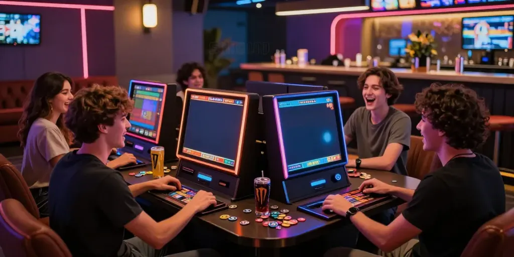 Akunjp gaming lounge with friends enjoying slot machines.