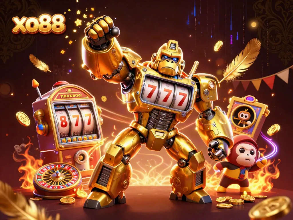 Experience excitement at xo88 with a vibrant 3D illustration of a golden gorilla mech and slot elements.