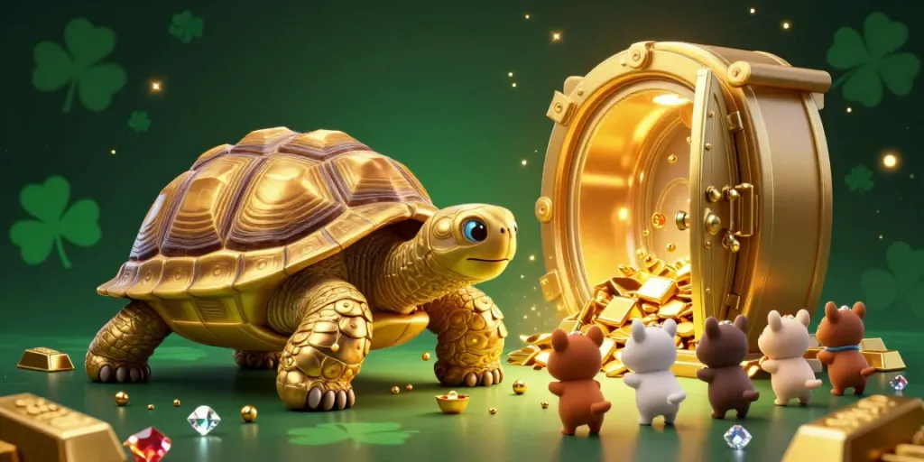 Engage with NOHU's vibrant winning scene featuring a colossal golden tortoise in a treasure-filled casino.