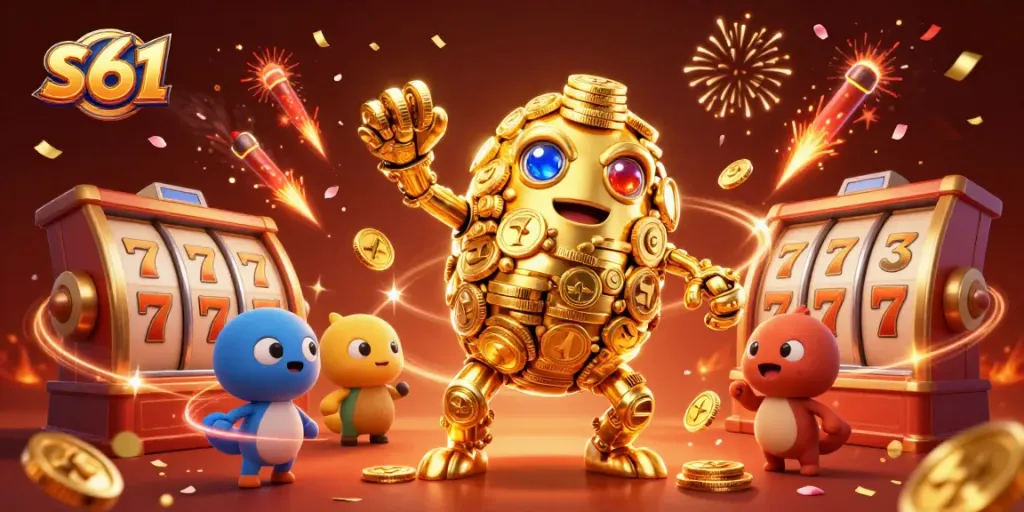 Experience winning spins with s61 in a vibrant casino scene filled with gold and celebration.