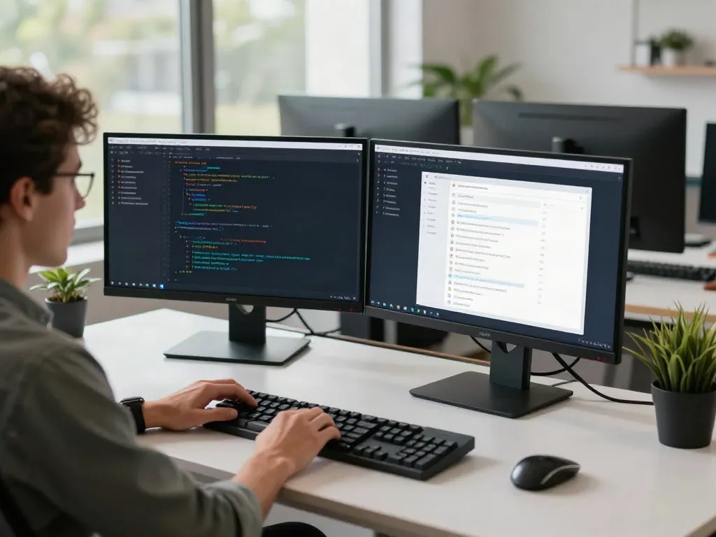 Engaged developer working at the A80 website tech workspace with monitors and devices.