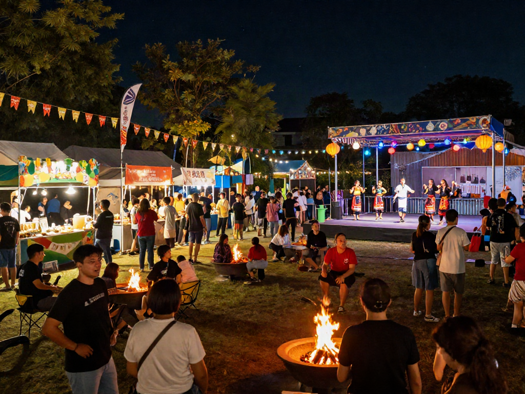 Hargatoto festival scene with vibrant lights and community enjoyment.