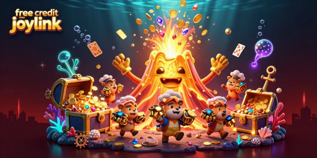 Experience the thrill of free credit no deposit joylink with an exciting, treasure-filled 3D casino illustration.