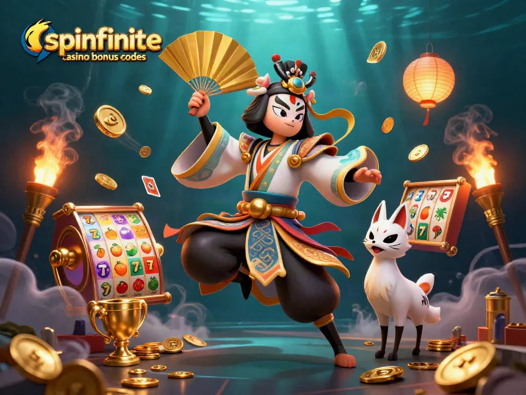 Spinfinite casino bonus codes illustrated through a vibrant 3D scene with kabuki characters and slot elements.