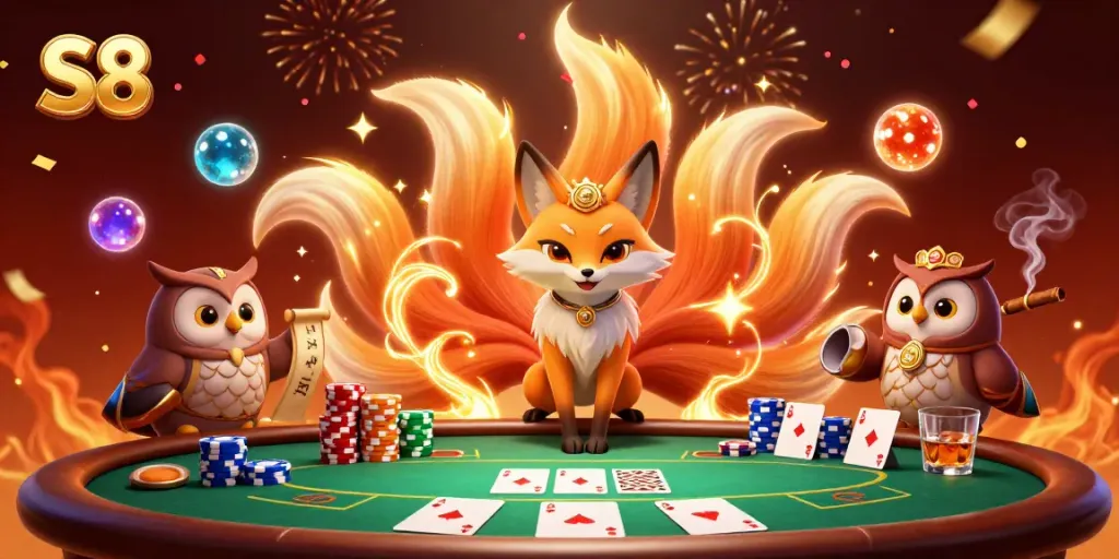 Experience thrilling gameplay at S8 with a vibrant poker scene led by a magical fox spirit.
