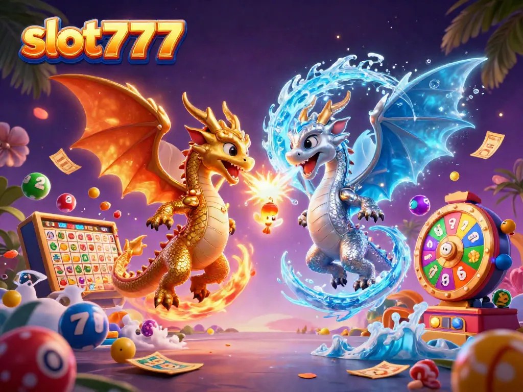 Engage with slot777 featuring dynamic dragons amidst vibrant casino elements in a stunning 3D scene.