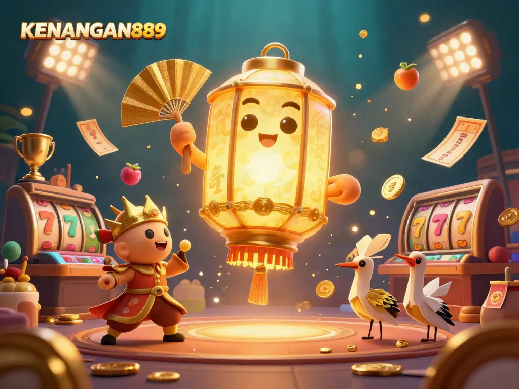 Experience KENANGAN889's vibrant casino scene with a glowing lantern spirit and dynamic slot game elements.