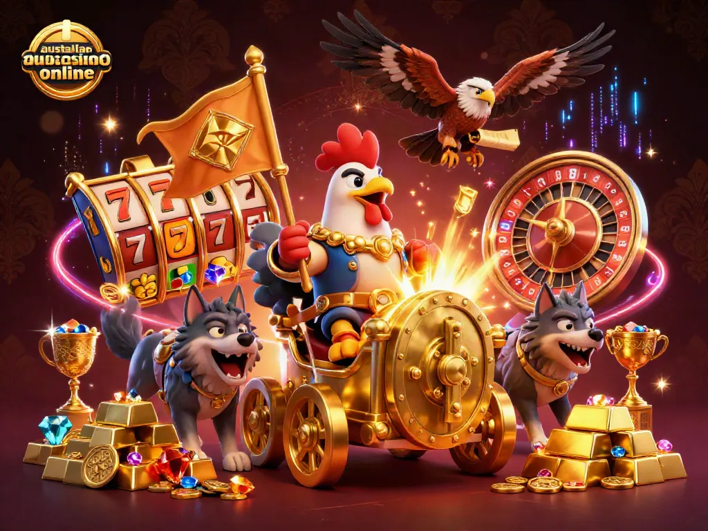 Experience the thrill of australian casino online with this dynamic 3D scene showcasing exciting slots.
