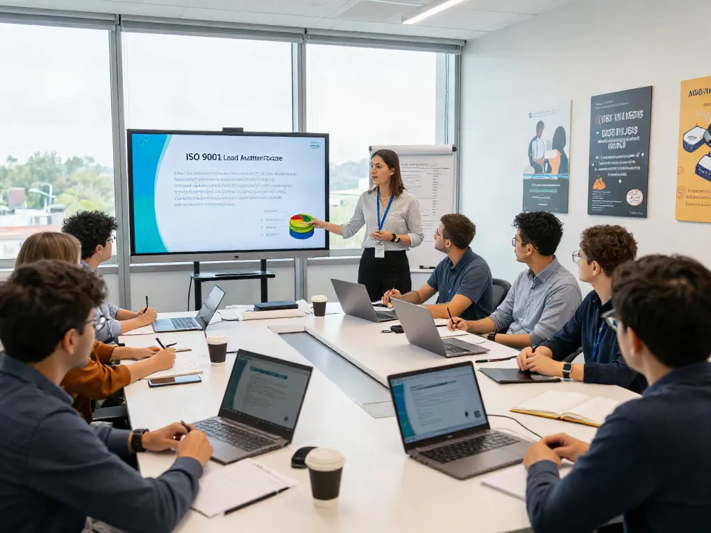 ISO 9001 Lead Auditor Course training session in a modern conference room with engaged participants.