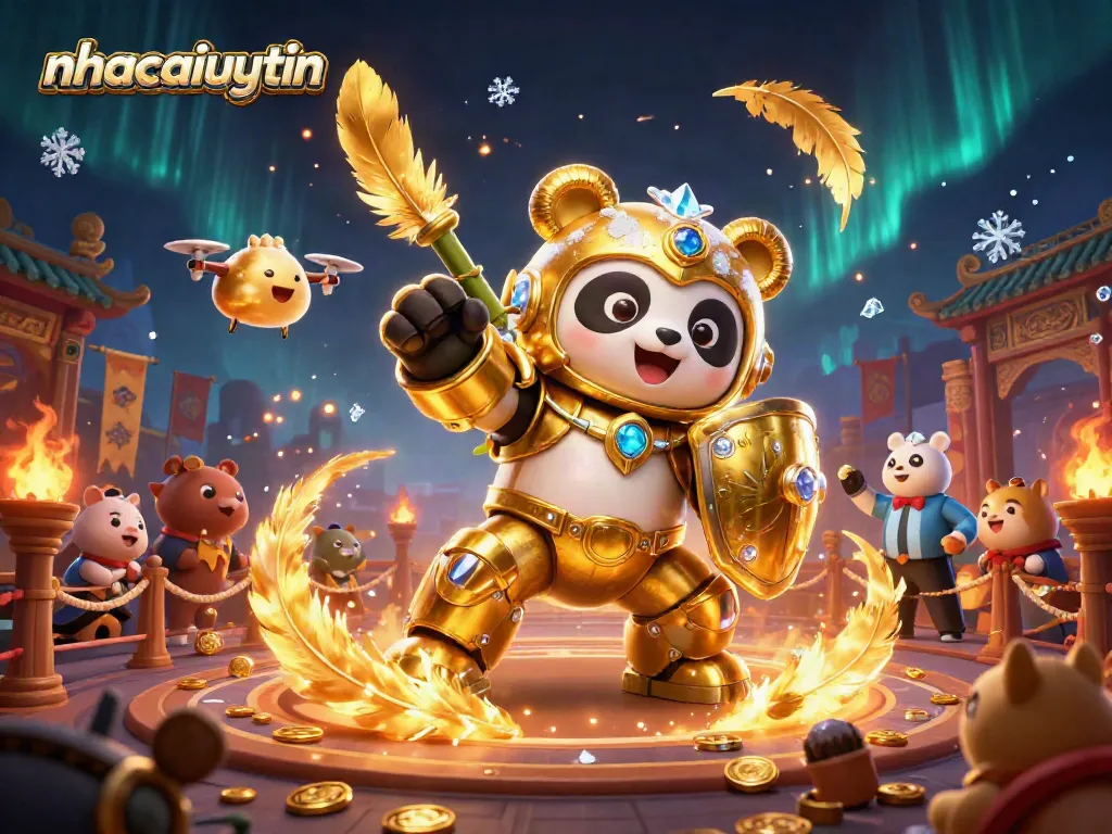 Experience thrilling bets with nhacaiuytin in a festive casino arena featuring a golden panda robot battle.