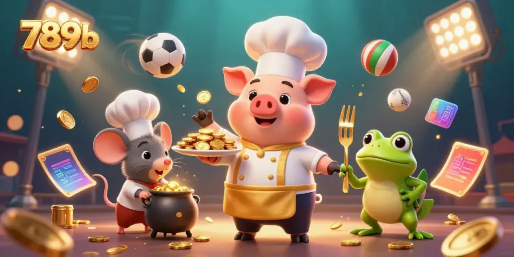 Experience the thrilling world of 789b with a chef pig serving gold coins, symbolizing rich gambling rewards.