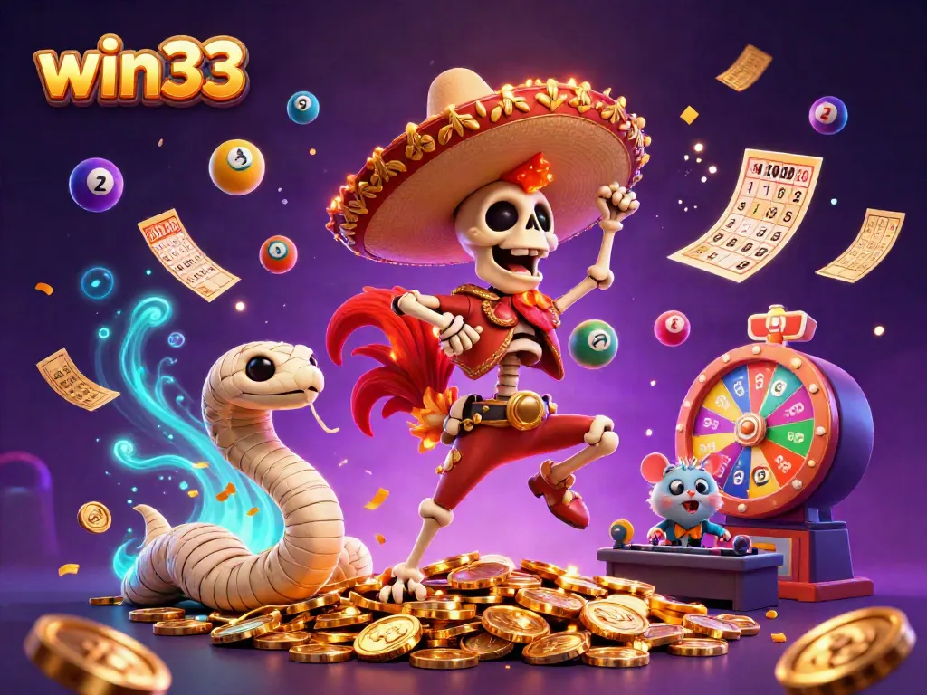 Celebrate big wins with win33, featuring a victorious mariachi rooster amidst colorful gambling elements.
