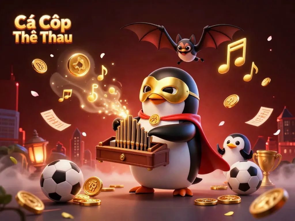 Cá Cược Thể Thao showcases a 3D penguin playing an organ shooting coins, surrounded by sports-themed elements.