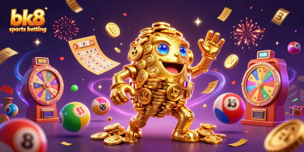 Engage in bk8 sports betting with a lively scene featuring a golden golem, dynamic lottery elements, and festive confetti.