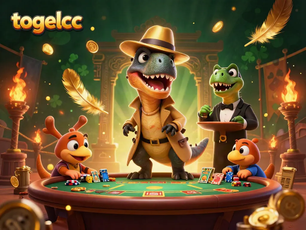 Experience the thrill of togelcc with a 3D velociraptor card counter at a blackjack table, surrounded by action.