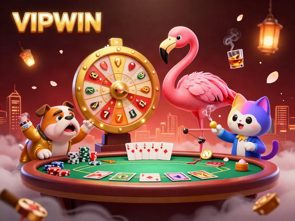 Experience the excitement of VIPWIN with a dynamic scene featuring game show elements and a glowing prize wheel.