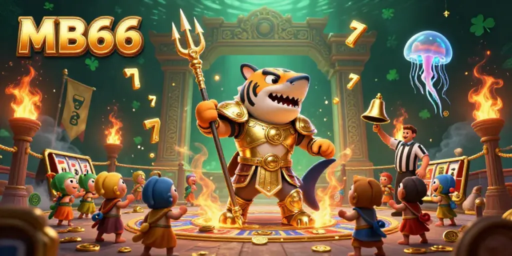 Experience winning excitement at MB66 with a dynamic underwater battle scene featuring a shark gladiator.