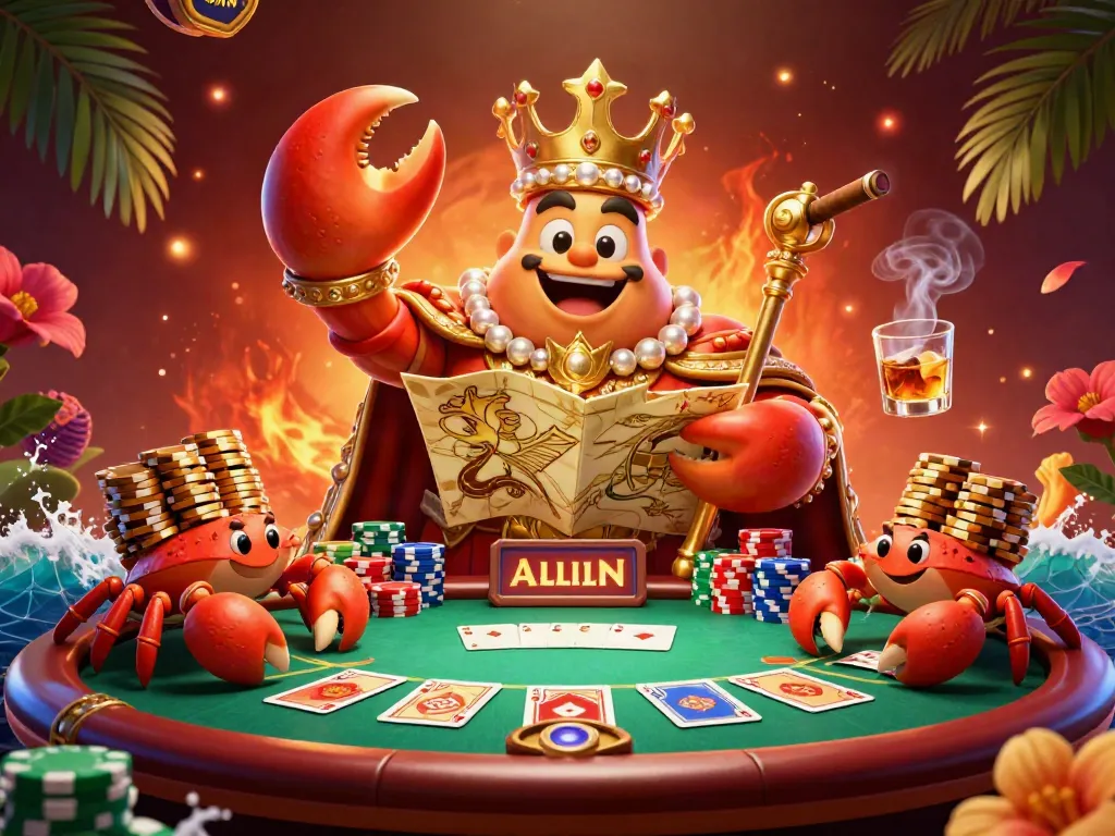 Engage with the 33WIN gaming experience, featuring a golden crab emperor and vibrant poker scene.