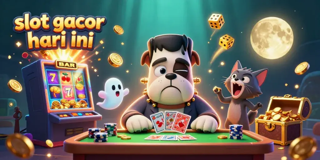 Engage with the captivating slot gacor hari ini scene of a bulldog monster dealing cards amid vibrant casino elements.