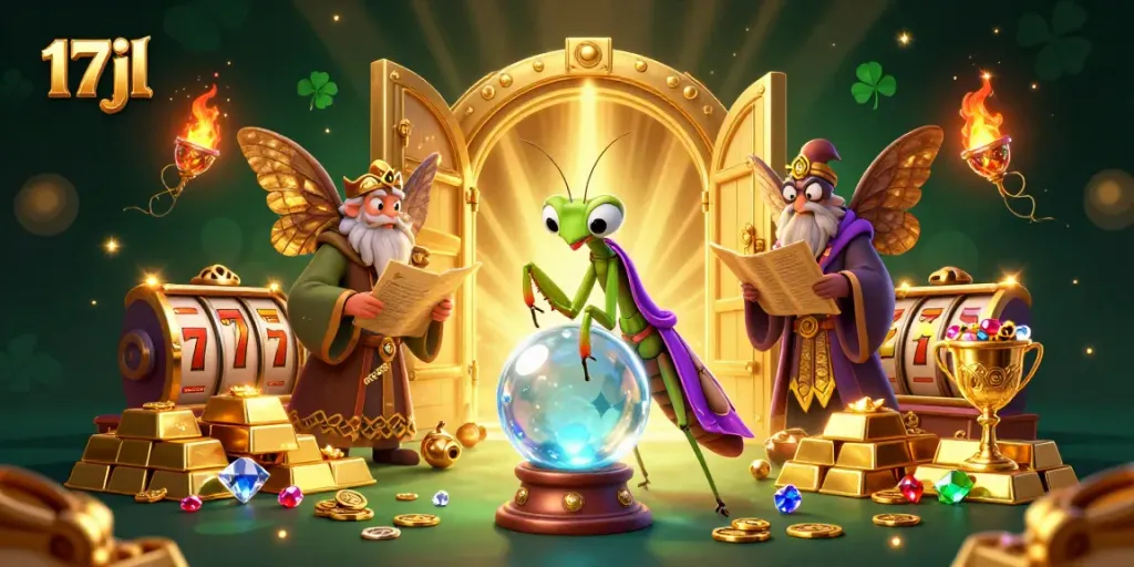 Engage with 17jl's dynamic casino world featuring slot reels, fortune tellers, and golden treasures.