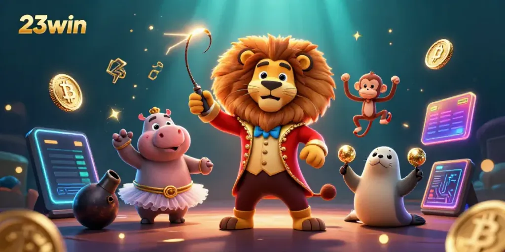 Experience thrilling gameplay as 23win’s circus characters celebrate with Bitcoin and Ethereum.